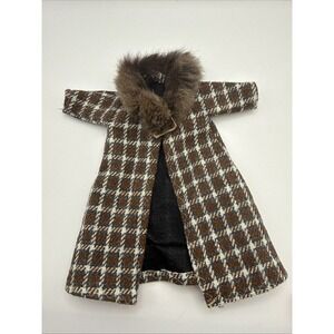 Vintage Pedigree Sindy Doll Clothing - Brown Tartan Coat with Faux Fur Trim